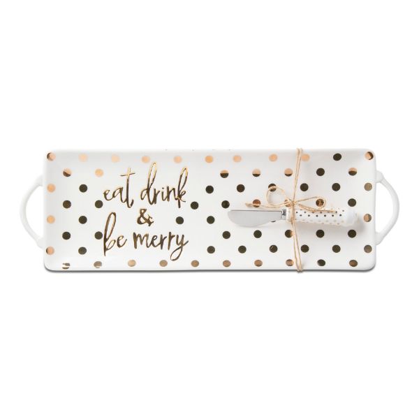 Picture of gold dot be merry platter & spreader set of 2 - white, gold