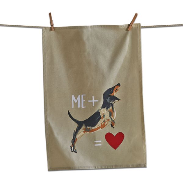 Picture of me plus dog equals heart dishtowel - taupe