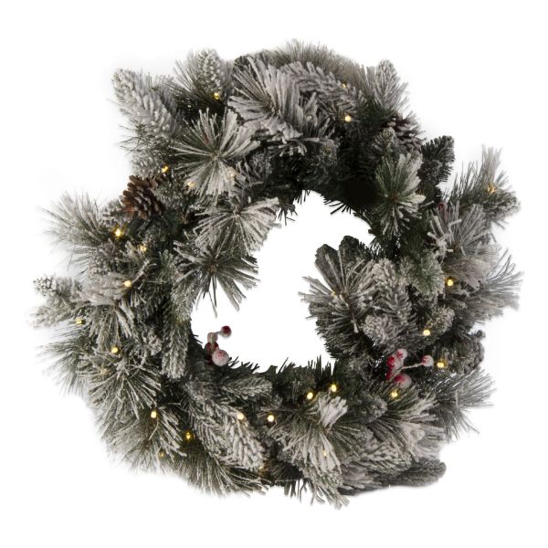 Picture of led lit snowy pine wreath - green, multi