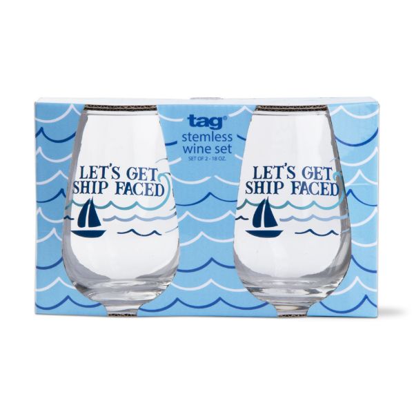 Picture of ship faced stemless wine set of 2 - blue, multi