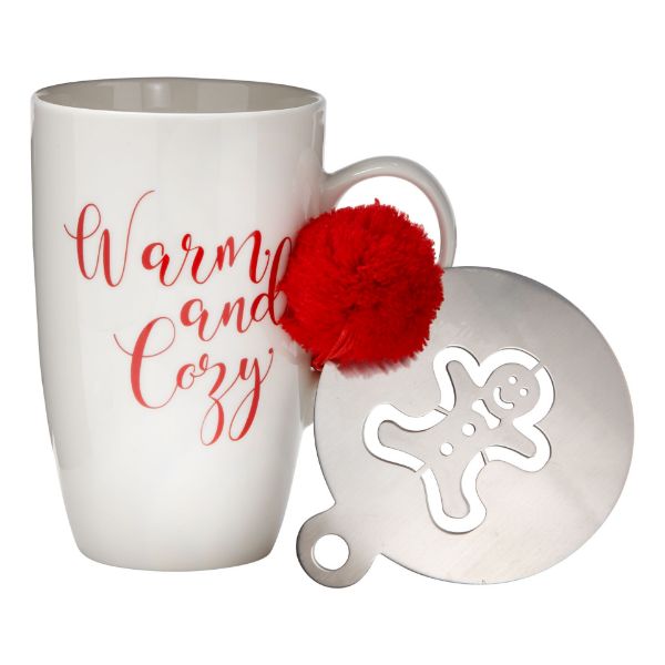 Picture of warm & cozy mug & stencil set - white, multi