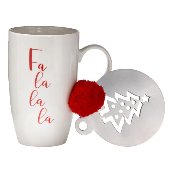 Picture of fa la la la mug & stencil set - white, multi