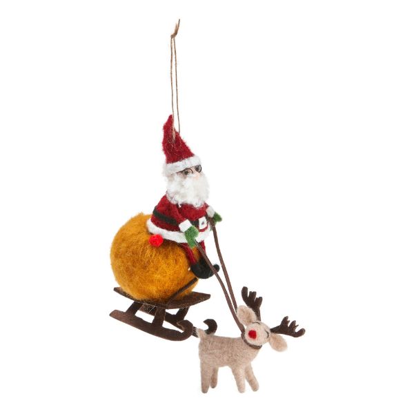 Picture of santa w reindeer & sleigh felt ornament - multi