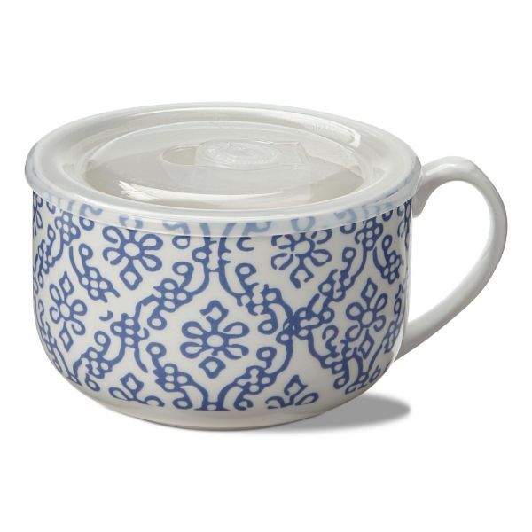 Picture of floral soup mug with lid - blue, multi