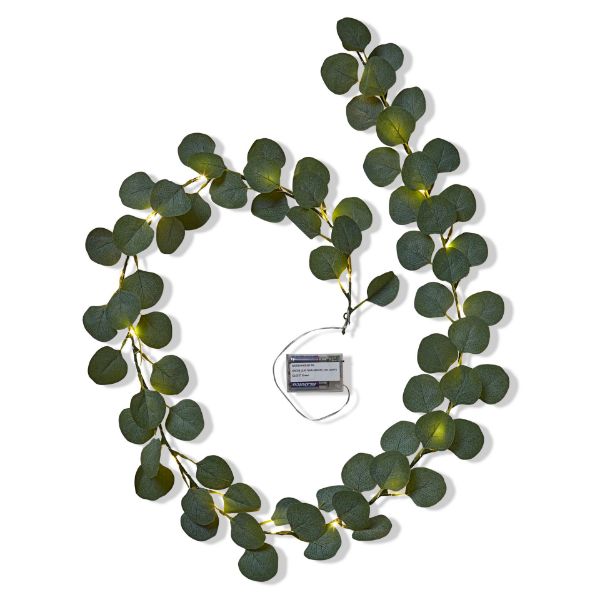 Picture of silver dollar eucalyptus garland with led lights - green