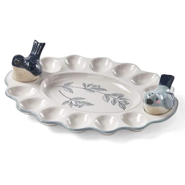 Picture of songbirds egg platter with salt & pepper set - blue, multi