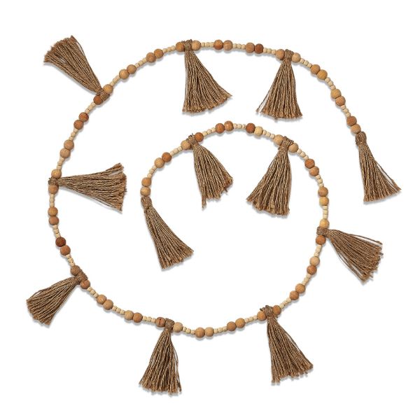 Picture of natural wood bead & jute tassel garland - beige multi